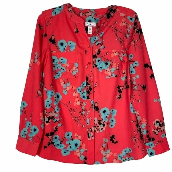 D & CO Coral Floral Long Sleeve Button Up Top - Picture 5 of 7